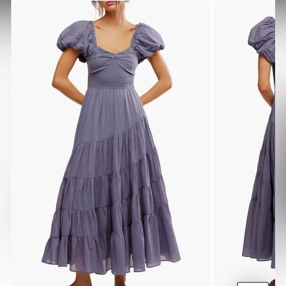 NWOT Free People Boho Sundrenched Smocked Puff Sleeve Maxi Blue Granite- M - Picture 2 of 14